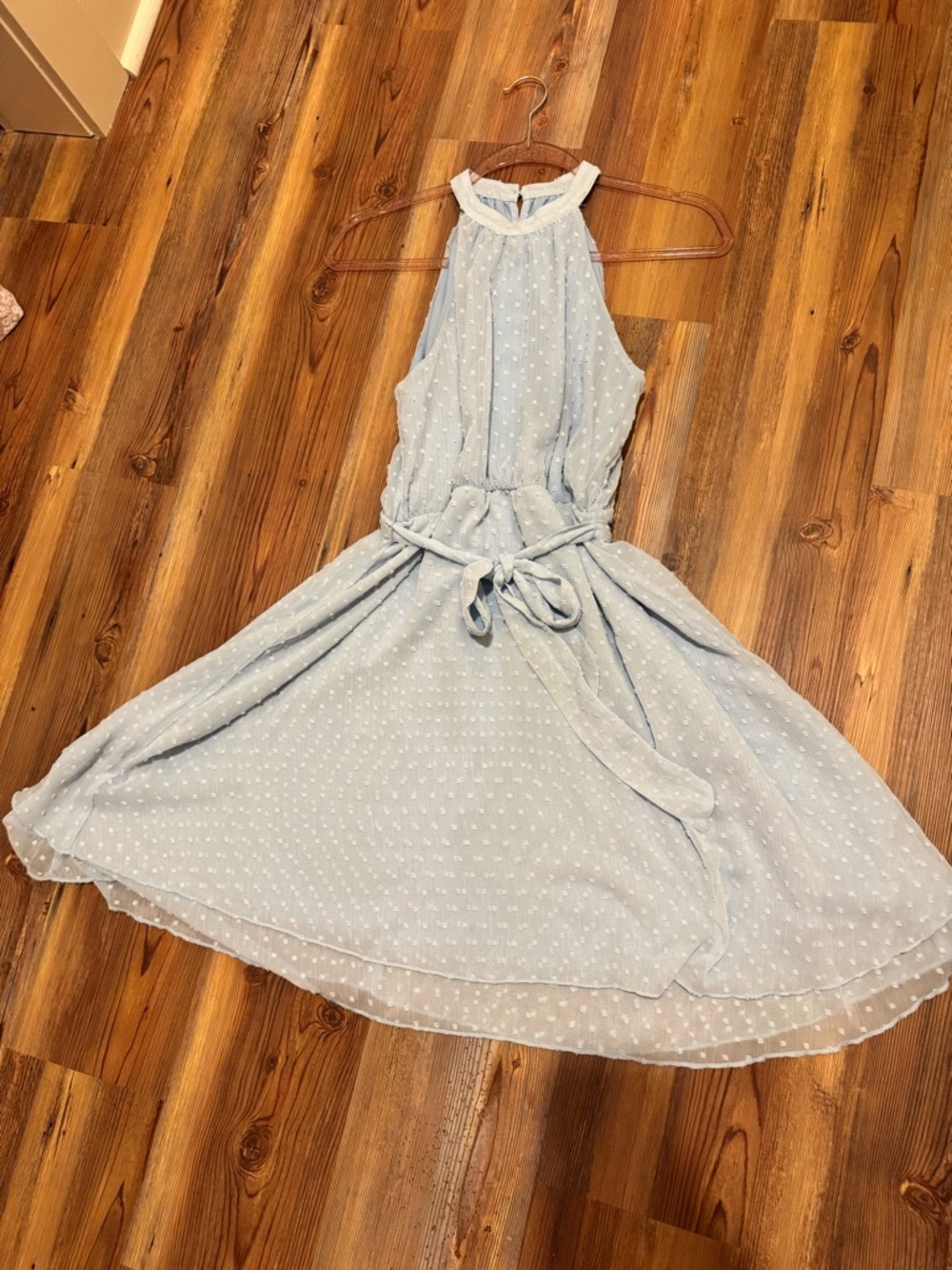 Light Blue Swiss Dot Halter Tie-Waist Dress